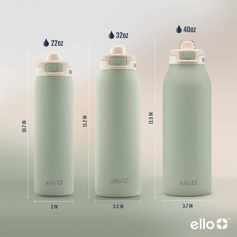 Comparison of Pop And Fill 22oz, 32oz, and 40oz Stainless Steel Water Bottles with Quick Fill Lid, Pistachio color.