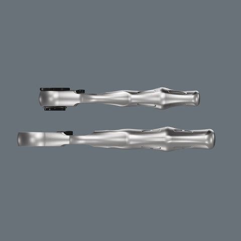 Side view of two full steel ratchet handles from Kraftform Kompakt Zyklop Mini 27 Piece Ratchet Set Built For Tight Spaces