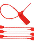 Built To Last Plastic Tamper Seals With Serial Numbers 250mm Self Locking Zip Tie Tags In Red, shown in coiled and flat view.