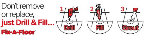 DIY Friendly Floor Repair Adhesive For Loose Tiles And Creaky Floors, Heavy Duty Strength Bond For Tile Ceramic Porcelain Marble Stone And Wood, Reattach Loose Tiles Fast Without Demolition, One Gallon Jug illustration showing drill, fill, grout steps.