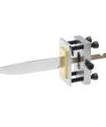 Guard Press For Knife Makers Pro Grade CNC Machined 303 Stainless Steel Tool Built For Tight Guard Alignment Epoxy Bonding And Hidden Tang Knife Installations with knife blade inserted.