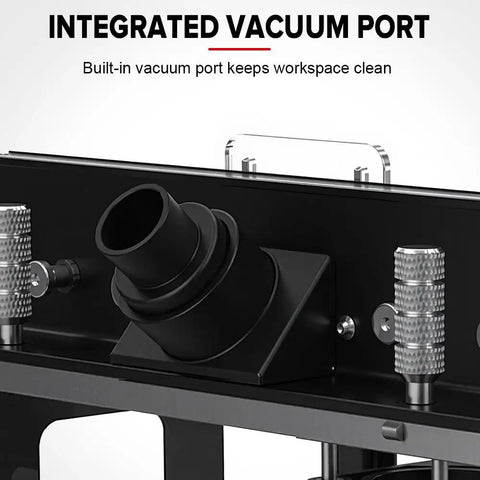 Integrated vacuum port on Knockout Portable Bench Top Router Table For Real Workshops With Heavy Duty Insert Plate and Super Smooth Sliding Fence Made For Weekend Warriors In Black Imperial.