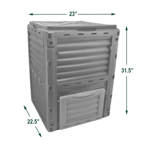 Front view of Outdoor Large Standing Garden Composter 80 Gallon Capacity 300L with dimensions, showing durable structure for composting.