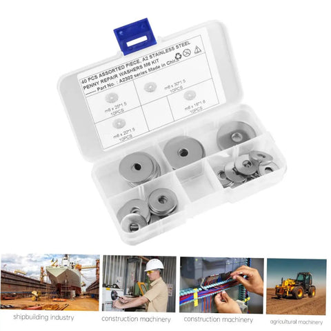 Stainless Steel Flat Washers 40 Pcs Ultrathin Shim Set Penny Style Gasket Kit, assorted sizes in plastic organizer