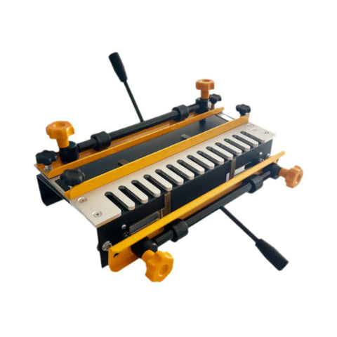 Precision Dovetail Router Jig Built Tough Aluminum Template For Smooth Sailing In Drawer And Cabinet Joinery Professional Woodworker Alignment Tool Accommodates Up To Twelve Inches, view from above showing clamps and adjustment levers.