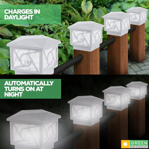 Geometric Square Solar Post Cap Lights For 4x4 And 5x5 Posts, Outdoor Solar Powered LED Lighting For Fence Deck Garden, Day and Night View