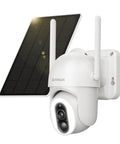 Front view of a Solar Outdoor Wireless Security Camera With Twelve 500 Lumen LED Spotlights 2K 360 Degree View Color Night Vision PIR Motion Detection And Two Way Audio For Easy Install Backyard Surveillance with solar panel.