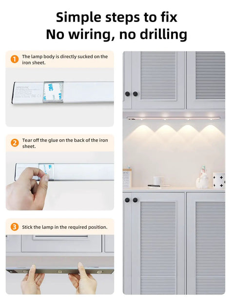Installation steps for LED Under Cabinet Lights With Motion Sensor And USB Rechargeable Battery Easy Install Kitchen And Closet Lighting Kit
