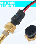 Plug And Play Engine Coolant Temperature Sensor With Pigtail Connector Harness, brass and plastic fitting, close-up view.