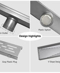 Design highlights of Brushed Stainless Steel 18 Inch Linear Shower Drain With 2 Inch Outlet 3.15 Inch Wide 304 Durable Stainless Steel Rust Resistant.