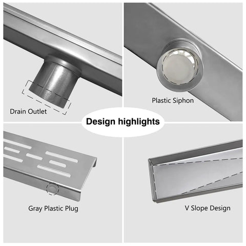Design highlights of Brushed Stainless Steel 18 Inch Linear Shower Drain With 2 Inch Outlet 3.15 Inch Wide 304 Durable Stainless Steel Rust Resistant.