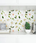 Shelf with books and decor against Peony Floral Wallpaper For Bedroom And Nursery, Vintage Watercolor Peel And Stick Mural