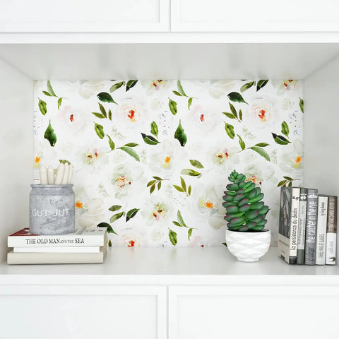 Shelf with books and decor against Peony Floral Wallpaper For Bedroom And Nursery, Vintage Watercolor Peel And Stick Mural