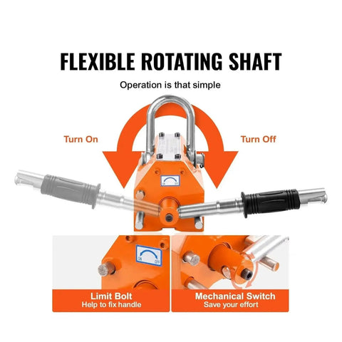 Heavy Hitter Permanent Magnetic Lifter With 880 Pound Pull Capacity Ironclad Grip Compact Rig With U Shackle Hook For Moving Scrap Steel And Iron Plates Runs Like Clockwork, showing flexible rotating shaft.