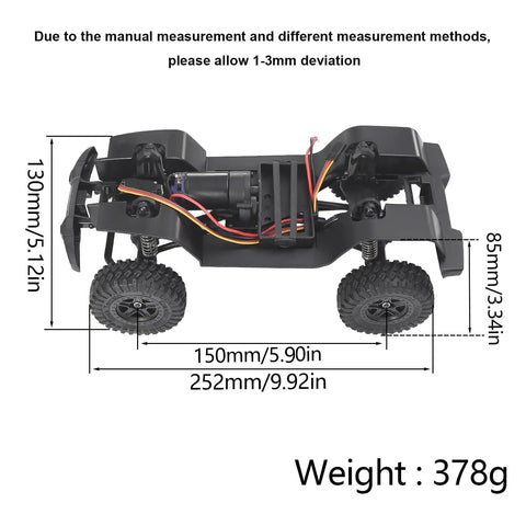 Upgraded One Eighteenth Scale RC Crawler Chassis Frame For AX-8560 TRX4 M Bronco Defender, front view with dimensions