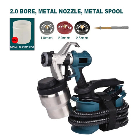 Built Badass 1200W Electric Spray Gun With Three Meter Hose Flow Control, aluminum frame, metal nozzle, and 900ml pot.