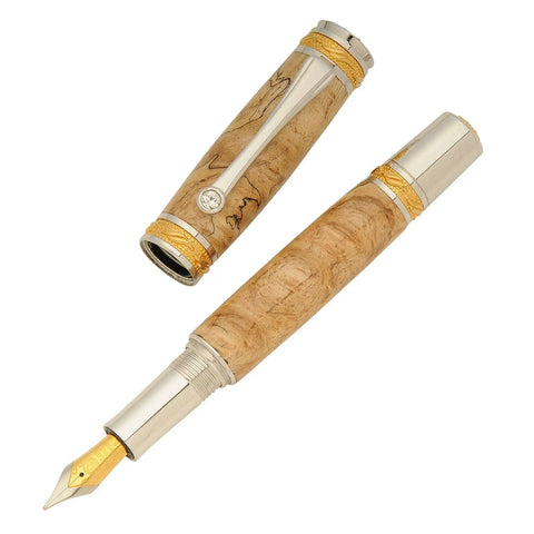 Solid Chrome And Rich Gold Majestic Fountain Pen Woodturning Hardware Kit Featuring Dual Tone Finishes For Hella Smooth Writing And Serious Drip On Every Workbench Setup, showcasing elegant wood and metal construction.
