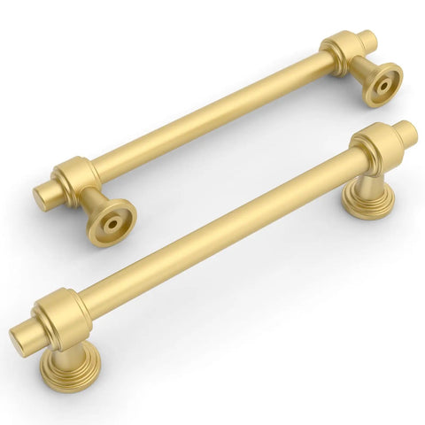 Real Deal 10 Pack Brushed Gold Cabinet Pulls 5 Inch Hole Center Heavy Duty Zinc Alloy Kitchen Drawer Handles close-up view.