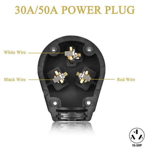 Heavy Duty Nema 10-50P Plug For Electric Dryer And Range 50 Amp 125 250 Volt Three Wire Power Connector close-up of wires and contacts.