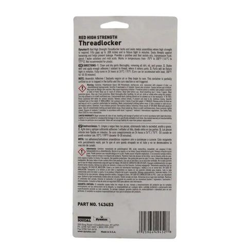Back view of packaging for Red High Strength Thread Locker For Large Fasteners Permanent Locking Anaerobic Adhesive That Withstands Vibration And Solvent 0.81 Oz Bottle 6 Pack For Long Lasting Reliability.