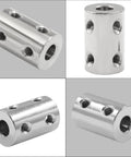 Two Pack 6mm To 6mm Rigid Shaft Couplers, Stainless Steel, side views and angles showing high torque transmission design for 3D printers.