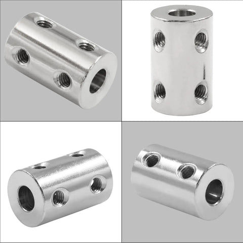 Two Pack 6mm To 6mm Rigid Shaft Couplers, Stainless Steel, side views and angles showing high torque transmission design for 3D printers.