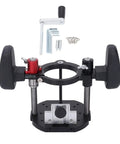 Built Like A Tank Aluminum Alloy Router Table Lift Base with Dead Nuts Accurate 65mm Plunge Mounting Plate and adjustment handle.