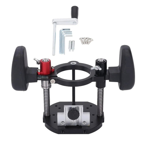 Premium Adjustable Router Lift For Woodworking Benches with aluminum frame, hand crank, and tuning knobs for precision tasks.