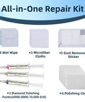 Scratch Remover Kit For Phone Screens, Watches, And Tablets with 3 diamond polishing compounds, cloths, and wipes displayed
