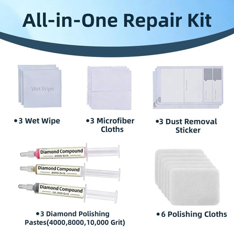 Scratch Remover Kit For Phone Screens, Watches, And Tablets with 3 diamond polishing compounds, cloths, and wipes displayed