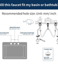 Diagram showing installation details for Roman Tub Faucet Matte Black Waterfall Filler, Widespread Deck Mount 2-Handle Bath Faucet.