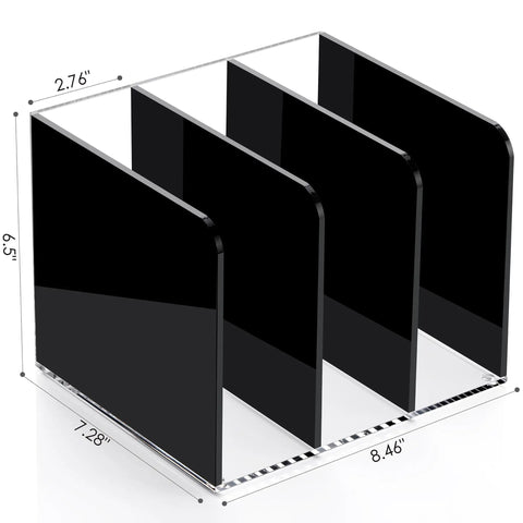 Clear Acrylic Desk Organizer With 3 Vertical Compartments For Files Magazines And Folders Desktop File Holder And Document Sorter Bookend Style Rack For A Must-Have Home Office Setup Black Finish, showing dimensions