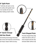 Diagram of 10 Pcs 7 64th Inch Impact Hex Drill Bit Set With Quick Change Driver HSS Black Gold Bits features, showing split point and shank.
