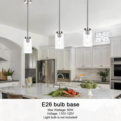 Modern kitchen with Single Light Sleek Clear Glass Pendant Chandelier In Brushed Nickel Dining Room Pendant Lights over island