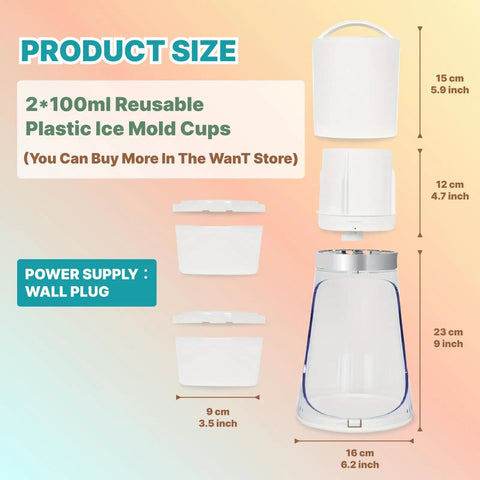 Glowing Electric Snow Cone Maker For Home Use Quick Ice Crusher With 2 Easy Clean Molds showing product dimensions and mold cups.