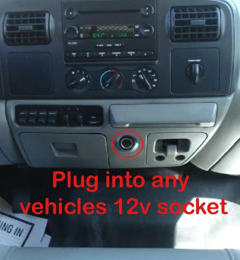 Gas Mileage Booster Plug For Any Car Or Truck From 1960 To Today Delivers Ten To Thirty Percent MPG Gain By Plugging Into Any 12 Volt Outlet Works On Gas And Diesel Engines For Instant Fuel Economy Upgrade showing vehicle 12V socket.