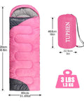 All Season Sleeping Bag For Adults And Kids, Lightweight Waterproof Microfiber Liner, pink with dimensions and weight listed