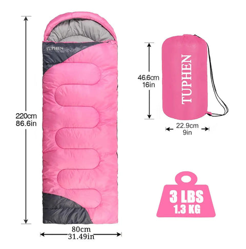 All Season Sleeping Bag For Adults And Kids, Lightweight Waterproof Microfiber Liner, pink with dimensions and weight listed