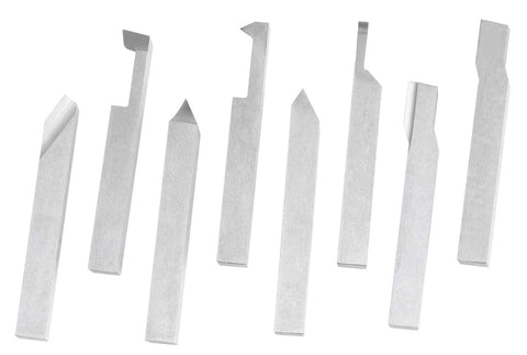 Pro-Grade 8 Piece Three Eighths Inch HSS Tool Bit Set for precise metalworking with various turning and facing tips shown