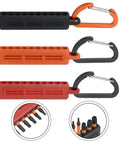 Rubber Drill Bit Organizer Strip with Carabiner, 10 Slot Storage for Quarter Inch Hex Shanks in red, orange, and black.
