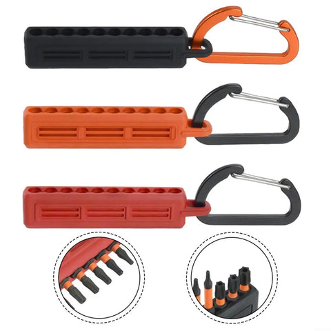 Rubber Drill Bit Organizer Strip with Carabiner, 10 Slot Storage for Quarter Inch Hex Shanks in red, orange, and black.