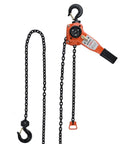 Lever Chain Hoist Three Quarter Ton Capacity With G80 Grade Chain Ten Ft Lift Built Tough For Lifting Strapping Bundling And Dragging CE Certified Safe And Durable With Smooth Action, showing orange body and black chain with hooks.
