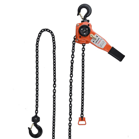Lever Chain Hoist Three Quarter Ton Capacity With G80 Grade Chain Ten Ft Lift Built Tough For Lifting Strapping Bundling And Dragging CE Certified Safe And Durable With Smooth Action, showing orange body and black chain with hooks.