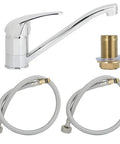 Maqulae Copper Kitchen Faucet with G1/2in Thread, Hot and Cold Water Sink with chrome finish, hoses, and connection components.