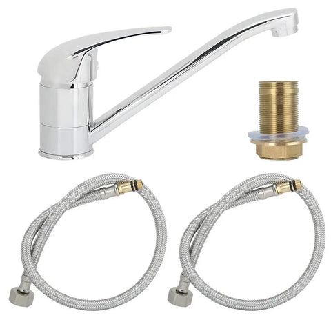 Maqulae Copper Kitchen Faucet with G1/2in Thread, Hot and Cold Water Sink with chrome finish, hoses, and connection components.