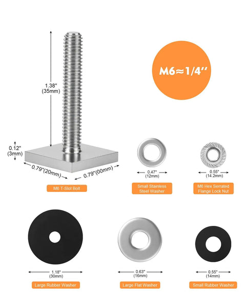 Diagram of T Track Bolts For Roof Rack Cross Bars And Accessories Stainless Steel Square Bolts M6x35mm with washers