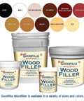 Assorted containers of white wood filler, showing various sizes and wood color options including white, oak, and walnut.