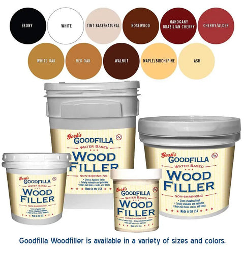 Assorted containers of white wood filler, showing various sizes and wood color options including white, oak, and walnut.