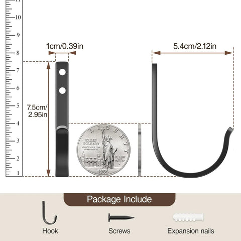 Dimensions of Wall Hooks 5 Pack 22 Lb Screw In Metal Hangers with ruler and coin for reference.
