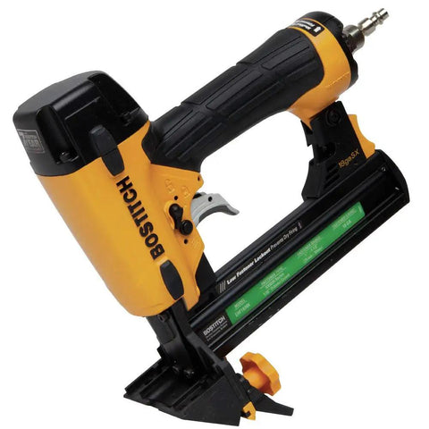 Pneumatic nail gun with black and yellow design; does not match Ascend Desktop Stapler With Antimicrobial Staples Built In Remover StapleStore Compartment Ergonomic Grip Opens For Tacking Black Finish Reliable Office Workhorse For Everyday Desk Duty.